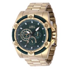 This eye-catching Invicta watch from the Bolt collection is powered by an accurate Quartz movement, with a gold case. Its face is decorated by a green, brass dial, and protected by a sturdy Flame Fusion Crystal. A gold, band completes this timepiece that can resist water for up to 100 m. With sharpness in attitude and ability, the Invicta Bolt is a mastermind of dominance. Perfectly synchronized movements, complex casing engineering and signature rope jewelry design fastened around the bezel make a lasting impression. Variations in materials and finishes provide a range of options to suit any taste. The Invicta Bolt, an uncompromised statement in accomplished timekeeping where power becomes harmonized motion.From its founding in 1837 to the present day, innovative excellence has been at th Gold Chronograph Watch For Outdoor, Green Chronograph Watch With Analog Round Dial, Gold Chronograph Watch With Round Dial For Outdoor, Gold Outdoor Watches With Analog Display, Gold Outdoor Watch With Analog Display, Gold Analog Display Watches For Outdoor, Gold Analog Display Watch For Outdoor, Green Watches With Skeleton Dial, Green Skeleton Dial Watch