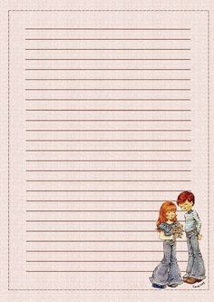 a drawing of two people standing next to each other with lined paper in the background