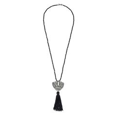 Black Beads Accentuate A Stunning Art Deco Style Pendant. Black Tassels Add Some Extra Flair. Details: * Silver-Tone Necklace With Black Beads * Silver Art Deco Pendant With Faceted Crystals * Dangling Black Tassel * Hook Closure * Approx 32” Long * Jewelry Pouch Included Elegant Beaded Fringe Jewelry, Elegant Silver Beaded Necklaces With Black Beads, Elegant Silver Beaded Necklace With Black Beads, Traditional Black Jewelry With Beaded Fringe, Black Bohemian Beaded Necklace For Evening, Bohemian Black Beaded Necklace For Evening, Elegant Black Beaded Necklace With Silver Beads, Elegant Tassel Necklace With Round Beads, Elegant Silver Beaded Tassel Necklace