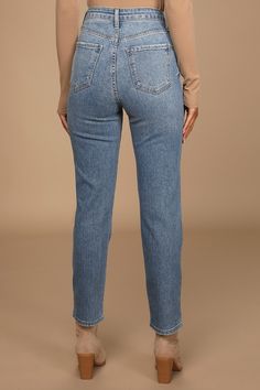 Never go out of style with the Just Black Forever a Trend Light Wash Denim High-Rise Mom Jeans! These slightly stretch denim jeans have a super high-waisted fit with belt loops, a five-pocket cut, a top button, and an exposed button fly. The classic mom fit continues down to ankle-length hems. Fit: This garment fits true to size. Length: Ankle length. Size 28 Inseam: 27.50 Front Rise: 12.25 Waist: Fitted - very fitted at natural waist. Hip: Fitted - stretchy fabric allows room for hips. Fabric: High Rise Mom Fit Cropped Jeans, High Waist Mom Fit Jeans For Fall, Dark Wash Mid-rise Mom Fit Bottoms, Denim Blue High Rise Mom Jeans, Denim Blue High-rise Mom Jeans, High Rise Mom Fit Denim Blue Jeans, High Rise Mom Fit Jeans, Mid-rise Medium Wash Mom Jeans, Mid-rise Mom Fit Jeans For Fall