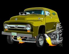 an old yellow truck with flames coming out of it's fenders and the hood up