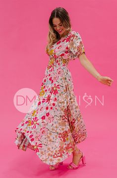 Our Verona is an effortless floral print hi-low maxi dress and checks all the boxes! It's nursing friendly, flowing with a gathered smocking waist for a forgiving fit! This DM design features functioning buttons with a V-neckline & darling vintage smocked sleeves. The light weight fabric is soft with a flowy skirt. A perfect dress for a feminine touch to transition into spring & summer Product Fit + Details: Fully lined Hi-low style Smocking at waist and sleeves V neck Nursing friendly Functioni Dm Design, Nursing Friendly, Fit Details, Pink Floral Dress, Swimsuit Fashion, Flowy Skirt, Verona, Perfect Dress, Pink Floral