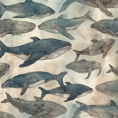 a group of dolphins swimming in the ocean with watercolor paint on it's surface