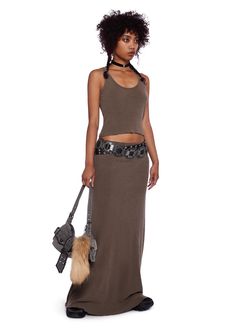 This skirt set includes a tank top that has a washed waffle knit construction, a scoop neckline, a lettuce hem, and a matching maxi skirt. Waffle Knit Top Outfit, Madison Wild, Knitted Top Outfit, Current Mood Clothing, Earthy Outfits, Lettuce Hem, Lace Layers, Black Maxi Skirt, Pride Outfit