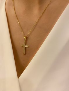 "ABOUT PRODUCT This 14K Solid Gold Cross with CZ Diamond necklace is beautifully designed and hand crafted with our associates to make this a special gift for your loved ones. Knowing the value of our customers, We prepare each piece with extra care and attention. ITEM DETAILS Material: 14K Gold Approx: 3,1 gram with the chain. Only Pendant is 2.05 grams. Available colors: Gold, Rose Gold, White Gold Available Sizes: 14\" to 20\" ✪ 14k Solid Gold ( Certification will be included with your order Crystal Clavicle Chain With Cross Shape, Crystal Cross Clavicle Chain Jewelry, Crystal Cross Clavicle Chain, Luxury Cross-shaped Diamond Jewelry, Gold Cross Necklace With Crystal, Elegant Pendant Cross Necklace With Clavicle Chain, Elegant Cross Pendant Necklace With Clavicle Chain, Gold Cross Crystal Necklace, Handmade Luxury Cubic Zirconia Jewelry