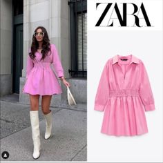 Zara Pink Mini Dress New With Tag Never Worn Super Cute Color Dress Size Xs Zara Poplin Dress, Zara Long Dress, Zara Pink Dress, Hot Pink Midi Dress, Pink And Red Dress, Zara Looks, Pink Velvet Dress, Zara Mini Dress, Plum Dress