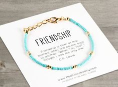 FRIENDSHIP Gold Boho Bracelet.Professionally printed inspirational message card.Inspirational message: FRIENDSHIP “Friendship is born at that moment when one person says to another: “What! You Too? I thought I was the only one.” - C.S. Lewis.One bracelet with message card enclosed in crystal clear packaging inside a kraft gift bag is included with each order.Adjustable closure 6.5 to 7.5 inches fits most wrists. If you prefer a different size, please add the size in your notes during checkout. - Bestie Jewelry, Teenage Birthday Gifts, Gifts For Best Friends, Clear Packaging, Friend Bracelet, Bracelets Friendship, Bracelet Packaging, Best Friend Bracelets, High School Graduation Gifts