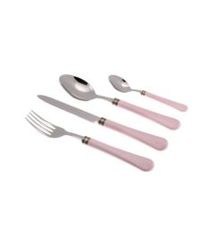 three forks, two spoons and one knife on a white surface with pink handles