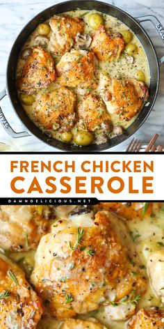 Looking for simple family meals? Here's a chicken dinner recipe! Cooked in a white wine sauce with potatoes, mushrooms, and herbs, this easy French chicken casserole is so cozy and wholesome! French Chicken Casserole, French Chicken, Brown Chicken, Chicken Casserole Recipe, Makanan Diet, Healthy Easy, Dinner Idea, Chicken Casserole