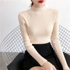 Women’s Solid Turtleneck Knitted Sweater – OnInitiative.com Beige Fitted High Neck Sweater, Fitted High Neck Beige Sweater, Elegant Ribbed Winter Sweater, Fitted Beige Turtleneck Sweater, Beige Fitted Turtleneck Sweater, Elegant Ribbed Knit Top For Winter, Trendy Stretch Knit Top For Winter, Cozy Fitted High Neck Tops, Fitted Turtleneck Knit Top For Winter