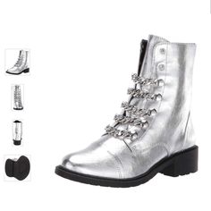 Circus By Sam Edelman Women's Dacey Silver Metallic Crackle Fashion Combat Boot (10, Soft Silver Metallic Crackle) New In Box Silver Closed Toe Boots For Spring, Silver Spring Boots, Silver Synthetic Boots With Round Toe, Silver Round Toe Boots For Spring, Trendy Silver Lace-up Boots, Trendy Silver Boots With Round Toe, Tin Man Costumes, Clear Boots, Black Leather Combat Boots