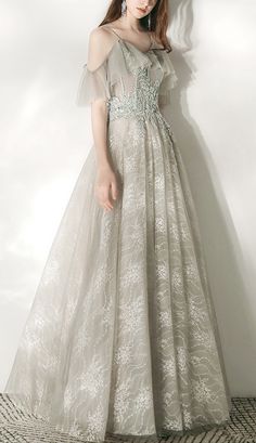 Light Grey Cold Shoulder Princess Evening Dress (Elegant) Floor-length Gray Dresses For Wedding, Gray Wedding Dresses For Prom Season, Gray Floor-length Wedding Dresses, Elegant Gray Tulle Evening Dress, Gray Floor-length Gown For Banquet, Gray Evening Dress For Prom Season Banquet, Gray Evening Dress For Banquet And Prom Season, Gray Evening Dress For Prom, Gray Prom Evening Dress For Prom Season