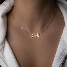 Personalized name necklace made just for you! Now you can carry your loved one with you wherever you go! Made of 925 Sterling Silver Available in 14k Gold, Rose Gold or Rhodium plated (we use a very THICK plating for a piece that will be with you for years to come!) Nickel-free & Hypoallergenic DIMENSION: 5mm ♡ HOW to ORDER: ♡1. Use the "PERSONALIZATION BOX" to input your NAME/LETTERS /SYMBOL that you would like (Up to 10 Characters). 2. Choose your Necklace Length Option. :)Pieces arrive in bea Necklace With His Name, Cheap White Necklaces With Initials, Necklaces Name Ideas, Cheap Charm Necklaces With Names For Anniversary, Luxury Yellow Gold Name Necklace For Anniversary, Necklace With Name Gold, Luxury Nameplate Necklace As A Gift, Customized Necklace Names, Personalized Name Necklace