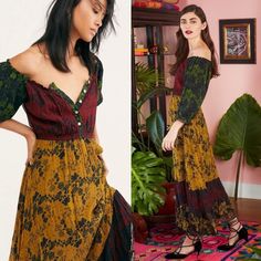 Free People X Carolina K Alexa Off Shoulder Chiffon Dress Size Small Colors: Deep Green, Yellow, Black, Reds Beautiful Tiered Midi Dress From Carolina K Featured In A Mixed Printed Style With A Button-Up Front And Ruffled Sleeves That Can Be Worn On Or Off The Shoulder. Ruffle Accent On Neckline And Sleeves 100% Silk Crinkle Chiffon Cinched Waist Lined Through Interior Elastic Smocked Neckline Dry Clean Only Msrp $470 Style Tags: Feminine, Loveshackfancy, Cottagecore, Spring, Summer, Goth, Boho, Off Shoulder Chiffon Dress, Cottagecore Spring, Boho Free People, Summer Goth, Tiered Midi Dress, Western Cowgirl, Ruffled Sleeves, Cinched Waist, Deep Green