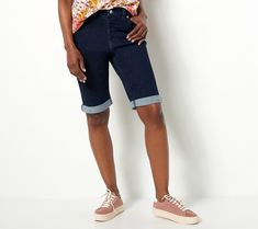 Bermuda shorts are a summer staple. And these Bermuda shorts -- with an easy stretch fabrication and stylish rolled cuffs -- fit every suns-out scenario.   The BBQ: wear them while enjoying a grilled burger and cool drink. Enhance this fab short with an Americana-themed tee and slide sandals, and get your yard-game on!  The beach vacation: pull them on before you bike into town for an omelet and fresh-squeezed juice. Just add sneakers and a zip-up jacket (in case there's a chill from that ocean Tankini With Shorts, Bermuda Shorts Women, Easy Stretches, Petite Shorts, Jeans For Short Women, Athletic Apparel, Summer Staples, Rolled Hem, Slim Leg