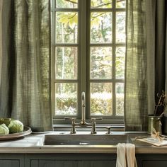 a kitchen sink sitting under a window next to a counter top with fruit on it