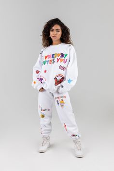 This is a Pre-Order, item will ship by 11/25 Mayfair x ISCREAMCOLOUR collaboration White doodle sweatpants 100% Cotton Image 1: Model is 5'8" and wearing size S/M Turn inside out and machine wash cold with like colors Athleisure Graphic Print Loungewear Pants, Athleisure Graphic Print Pants For Loungewear, Athleisure Graphic Print Lounge Pants, White Sporty Sweatpants With Graphic Print, Sporty White Sweatpants With Graphic Print, White Graphic Print Sweats For Loungewear, White Graphic Print Pants For Loungewear, White Letter Print Sweatpants For Winter, White Letter Print Tracksuit For Loungewear