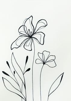 a black and white drawing of three flowers