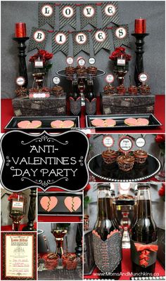 an assortment of valentine's day party items including wine bottles, cookies and desserts