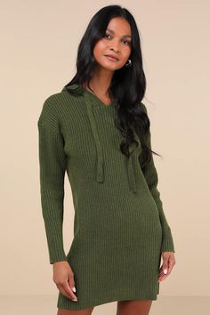 The Lulus Snuggly Option Olive Green Hooded Mini Sweater Dress is the cutest and coolest way to stay cozy all day long! Super soft ribbed knit shapes this must-have sweater dress that features an oversized drawstring hood framed by long sleeves with drop shoulders. Relaxed, shift silhouette leads to a cute mini hem. Pair with your cutest knee-high boots for the ultimate cold-weather look! Fit: This garment fits true to size. Length: Mid-thigh. Size medium Bust: Great for any cup size. Waist: Not Fitted - comfortable room throughout midsection. Hip: Not Fitted - room for hips. Undergarments: May be worn with any standard bra. Fabric: Fabric is very stretchy. Unlined. 53% Polyester, 35% Recycled Polyester, 12% Nylon. Hand Wash Cold. Do Not Bleach. Line Dry. Iron Low Heat. Imported. Lulus | S Fall Ribbed Knit Sweater Dress, Ribbed Stretch Sweater Dress For Fall, Casual Green Ribbed Sweater Dress, Casual Winter Knit Sweater Dress, Cozy Knit Sweater Dress For Loungewear, Casual Ribbed Knit Sweater Dress, Casual Knitted Sweater Dress In Solid Color, Knit Sweater Dress With Ribbed Neckline For Winter, Winter Knit Sweater Dress With Ribbed Neckline