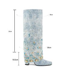 Color: Baby Blue Pattern: Flower Print Material: Denim Toe Style: Square Toe Heel Style: Chunky Heel Heel Height: 4.1 inches (10.5 cm) Tube Height: 35 cm Caster Circumference: 30 cm Small Retreat: 39 cm Closure Type: Slip-on Flat Prom Shoes, Black Flat Boots, Fold Over Boots, Gogo Boots, Square Toe Heels, Pattern Flower, White Heels, Prom Shoes, Silver Heels