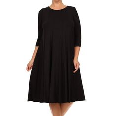 Product Description: Plus size dress features 3/4 sleeves, which are a versatile length that provides some coverage without being too warm. This makes the dress ideal for year-round wear, as it can be paired with sandals or sneakers in warmer weather or with tights and boots in cooler weather. One of the standout features of the dress is its pleated detailing. The pleats start at the waist and continue down the skirt of the dress, creating a subtle yet eye-catching effect. The pleats give the dr Fall Dresses With 3/4 Sleeves, Solid Color Dresses With 3/4 Sleeve For Fall, Fall Dresses With 3/4 Sleeves In Solid Color, Casual Black Dress 3/4 Length, Solid Fall Dresses With 3/4 Sleeve, Casual Black 3/4 Length Dress, Solid Color Fall Dress With 3/4 Sleeves, Casual Black Dress With 3/4 Length, Spring Midi Dress With 3/4 Sleeves And Stretch