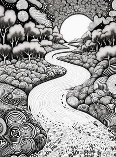 a black and white drawing of a river in the middle of a forest with trees