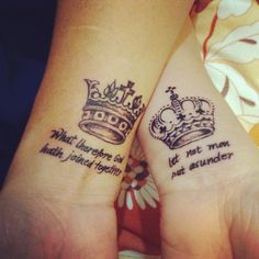 two people with matching tattoos on their arms, both have crowns tattooed on their wrists