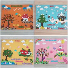 four different pictures of children's artwork on canvases, each with their own name