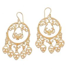 Crafted by hand elegant rope work of sterling silver bathed in 18k gold fills these queenly chandelier earrings from Bali. Desi Antari creates these circular earrings featuring accents that dangle below as well as dangling portions within. Luxury Fusion Danglers For Festive Occasions, Bohemian Gold Chandelier Earrings With Pierced Style, Bohemian Gold Chandelier Earrings, Ornate Yellow Gold Dangle Chandelier Earrings, Ornate Yellow Gold Chandelier Dangle Earrings, Silver Gold-plated Chandelier Earrings, Elegant Hoop Chandelier Earrings, Elegant Metal Hoop Chandelier Earrings, Elegant Metal Chandelier Hoop Earrings