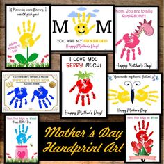 mother's day handprints are displayed on a wooden table