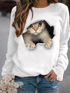 White Casual Graphic Tops Round Neck Long Sleeve Cat Printed Sweatshirts Yellow Sweatshirt, Loose Pullover, Sweat Shirts, Graphic Tops, Women Hoodies Sweatshirts, Print Sweatshirt, Sierra Leone, Cat Print, White Casual