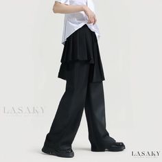 Lasaky - Asymmetric Pleated High-Waisted Wide Leg Pants with Minimalist Design Asymmetrical Solid Bottoms For Workwear, Asymmetrical Solid Bottoms For Work, Asymmetrical Baggy Bottoms For Spring, Baggy Asymmetrical Bottoms For Spring, Chic Asymmetrical Hem Pants, Chic Pants With Asymmetrical Hem, Spring Baggy Asymmetrical Bottoms, Modern Asymmetrical Hem Bottoms For Spring, Versatile Asymmetrical Bottoms For Spring