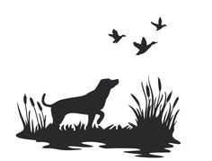 a black and white silhouette of a dog looking at birds