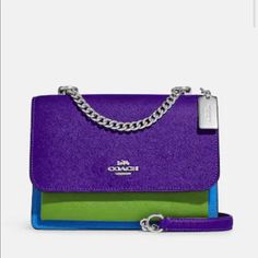 Nwt Sport Purple Colorblock Crossgrain Leather Bag Chain Shoulder Strap Silver Tone Hardware Colorful Bag With Purple, Green, Bright Blue, And Pink. Love This Bag So Much I Bought Two! Selling One, Keeping One Jimmy Fairly, Colorful Bags, Coach Crossbody, Bag Chain, Purple Bags, Pink Love, Blue And Pink, Green Bag, Purple Green