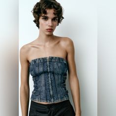 Nwt Zara Woman Strapless Denim Top Size S Small Summer Denim Stretch Tube Top, Summer Stretch Denim Tube Top, Stretch Denim Tube Top For Summer, Fitted Denim Bandeau Top, Summer Denim Blue Denim Tube Top, Denim Blue Denim Tube Top For Summer, Stretch Denim Strapless Tube Top, Spring Denim Blue Bandeau Top, Dark Wash Denim Tube Top For Summer