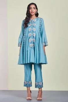 Shop for Sue Mue Blue Embroidered Chanderi Kurta Set for Women Online at Aza Fashions