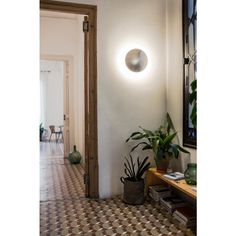 the light is on in the hallway next to plants and potted plants, along with a mirror