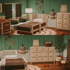 two pictures of a bedroom with green walls and furniture in the same room, one has a bed, another has a dresser