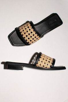 Black Rattan Pia Slide Beach Flats, Straw Sandals, Black Rattan, Jeweled Bag, Woven Sandals, Stacked Heel, Leather Trim, Sock Shoes, Sale Design