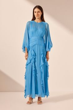 Margot Round Neck Balloon Sleeve Maxi Dress | Aqua | Dresses | Shona Joy Frill Maxi Dress, Aqua Dresses, Luxury Wear, Shona Joy, Aqua Dress, Dresses 2024, Stylish Clothes For Women, Sleeve Maxi Dress, Sheer Chiffon