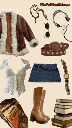 Embrace fall with this 70s-inspired outfit! Perfect for adding some retro flair to your wardrobe, this look combines cozy textures, bold accessories, and vintage details for the ultimate autumn vibe. From a cozy shearling jacket to classic denim mini skirts and chunky boots, get inspired by the perfect blend of nostalgia and style. Tap into your inner free spirit this season with these timeless pieces #70s #60s #90s #falloutfitswomen 90s Chunky Boots Outfit, 70s Chic Aesthetic, 70s Cute Outfits, 90s Cozy Outfits, 70s Winter Aesthetic, 70s Soft Rock Aesthetic, 90s Autumn Outfits, Denim Mini Skirt Fall Outfit, 70s Winter Fashion For Women