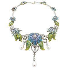 A Moira Collection, plique-à-jour enamel flower necklace, with sky blue plique-à-jour enamel flowers, and green plique-à-jour leaves, with old-cut and eight-cut diamonds and three large cultured drop pearls at the front, mounted in silver-upon-gold. This Moira creation, features an adapted large antique diamond brooch of the art nouveau period. Diamond Flower Necklace, Woodburning Ideas, Necklaces Choker, Diamond Flower Pendant, Beautiful Baubles, Vintage Choker Necklace, Art Nouveau Pendant, Pearl Drop Necklace, Pearl And Diamond Necklace