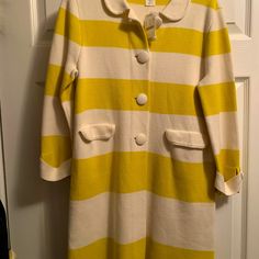 J Crew Jacket Yellow And Cream. New With Tags. Never Worn. Size Small. Yellow Winter Outerwear With Button Closure, Retro Yellow Cardigan For Spring, Yellow Retro Cardigan For Spring, Retro Yellow Outerwear For Spring, Retro Yellow Spring Outerwear, Fitted Yellow Long Sleeve Outerwear, Yellow Spring Workwear Cardigan, Yellow Long Sleeve Cardigan For Work, Casual Yellow Outerwear For Spring