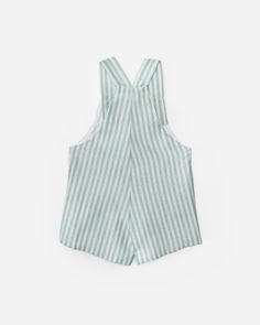 Striped cotton teal overalls with a frontal pocket. Fastened with wooden buttons. Sleeveless Shortalls With Side Pockets For Summer, Green Cotton Jumpsuits And Rompers With Side Pockets, Blue Cotton Jumpsuits With Side Pockets, Green Cotton Jumpsuits With Side Pockets, Sleeveless Cotton Overalls With Button Closure, Cotton Bottoms With Side Pockets And Bib Front, Cotton Jumpsuits And Rompers With Buttons, Green Cotton Shortalls With Pockets, Green Cotton Overalls