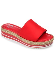 in stock Red Slip-on Wedge Sandals For Vacation, Casual Synthetic Wedge Sandals With Red Sole, Red Synthetic Platform Wedge Sandals, Slip-on Wedge Sandals With Red Sole, Red Flat Wedge Sandals For Beach, Red Summer Sandals With Removable Insole, Red Sandals With Removable Insole For Spring, Red Platform Slip-on Sandals, Red Closed Toe Wedge Sandals For Summer