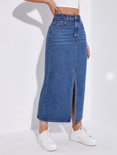 Devoluciones Gratis ✓ Envíos Gratis✓.SHEIN EZwear Falda en mezclilla de talle alto con abertura- Faldas mezclilla de mujer en SHEIN. Jeans Outfit Skirt, Long Denim Skirts For Women, Jeen Skirt, How To Style Long Jean Skirt, How To Style A Long Denim Skirt, Long Jean Skirt Outfits Summer, Outfit Jupe En Jean, Jean Skirts Long, Skirts With Slits