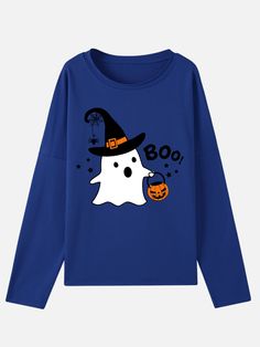 Women Halloween Sweatshirt Boo Pumpkins Funny Humor Print Sweatshirt Halloween Blue Tops With Letter Print, Blue Halloween Tops With Letter Print, Blue Halloween Top With Letter Print, Blue Halloween Letter Print Tops, Blue Letter Print Top For Halloween, Casual Long Sleeve Halloween T-shirt, Spooky Long Sleeve T-shirt For Winter, Spooky Long Sleeve Halloween Tops, Spooky Long Sleeve T-shirt For Fall