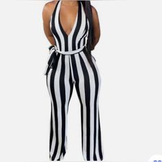 Stylish New Women Halter Backless Bandage Striped Print Casual Jumpsuit Pair With Heels Flats Chic White High Waist Bodysuit, Chic High Waist White Bodysuit, Chic One-piece Jumpsuit For Club, White Stretch Halter Neck Jumpsuits And Rompers, Cheap Striped Sleeveless Jumpsuits And Rompers, Chic White Halter Neck Jumpsuits And Rompers, Chic Striped Jumpsuits And Rompers For Night Out, Striped Jumpsuits And Rompers For Night Out In Summer, White One-piece Jumpsuit For Night Out