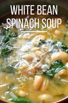 white bean and spinach soup in a bowl with the title overlay above it